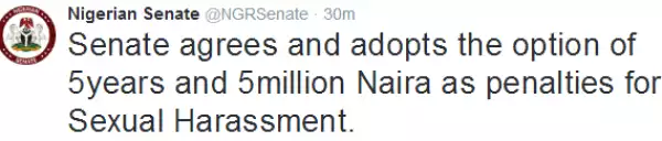 Senate recommeds 5years imprisonment and N5million penalties for Sexual Harassment